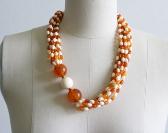 Statement Necklace 1980s Cream and Caramel Beaded Necklace Multi Strand Necklace