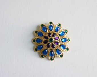 Trifari Brooch Moghul Jewels of India Signed Blue Purple Green Statement Designer Costume Jewelry