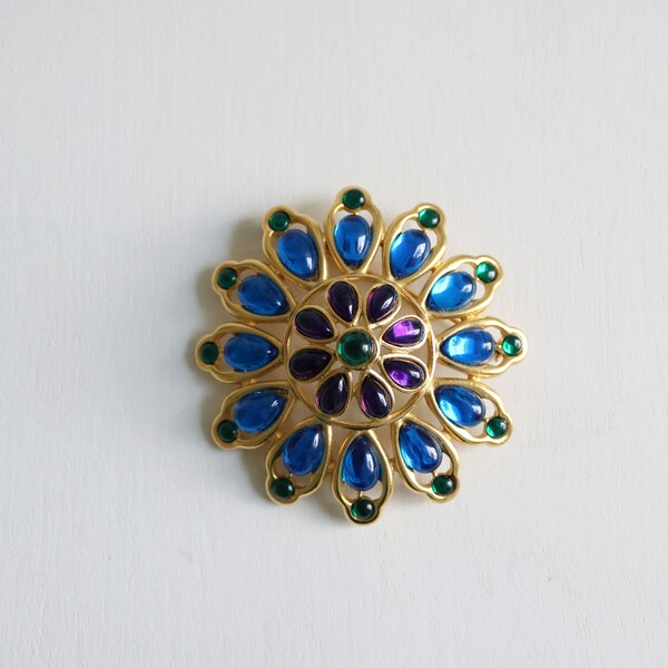 Trifari Brooch Moghul Jewels of India Signed Blue Purple Green Statement Designer Costume Jewelry