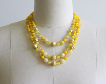 Yellow Necklace Glass Beaded Necklace Vintage 1950s Multi Strand Necklace Triple Strand Lemon Drops