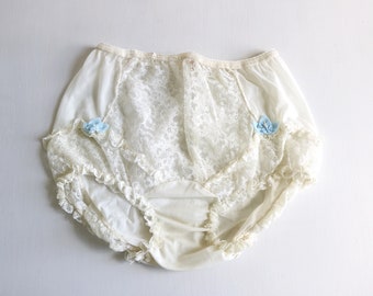 Vintage Underwear Lace Ruffles High Waist Briefs Tap Pants Nylon Panties Knickers White with Blue Bows