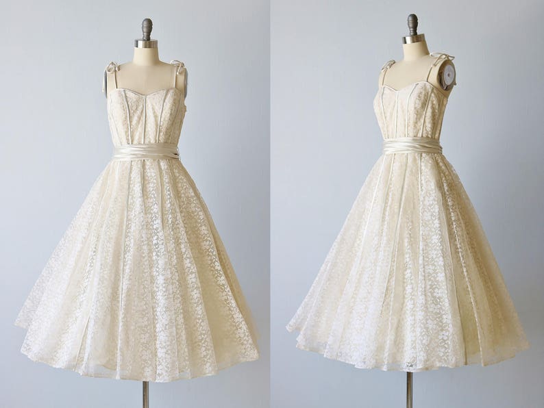 Vintage 1950s Lace Party Formal Dress / Cream and A Hint of Blue / Sabrina image 1