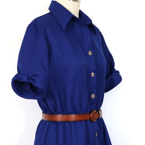 Blue Dress Button Down Midi Day Dress Short Sleeves Secretary Dress Shirtwaist Dress Elastic Waist image 4