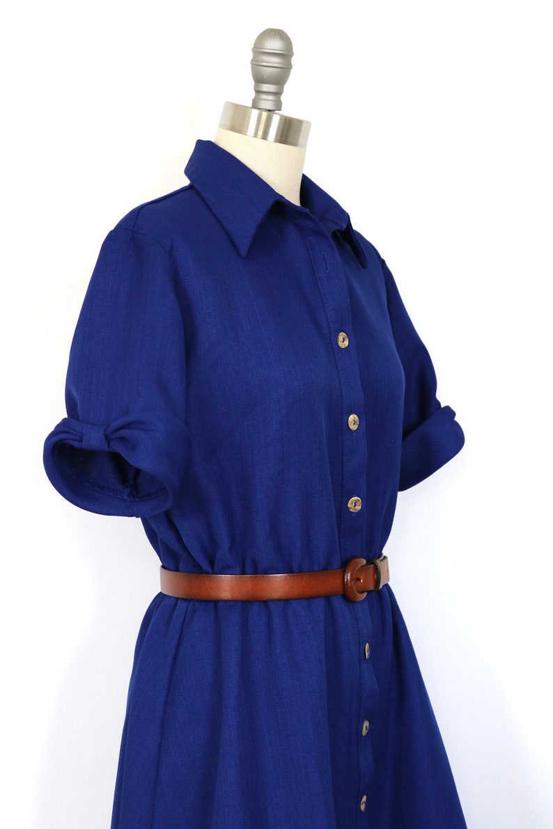 Blue Dress Button Down Midi Day Dress Short Sleeves Secretary Dress Shirtwaist Dress Elastic Waist image 4