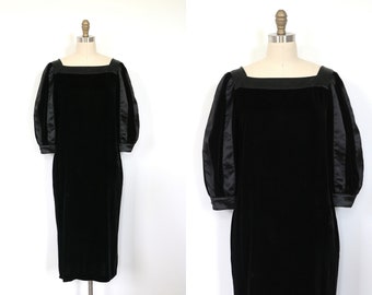 Black Velvet Sack Sheath Dress Louis Feraud Satin Trim Special Event Black Tie Formal Dress Sophisticated Comfort