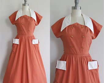 1950s Orange Cotton Fit and Flare Dress with Pockets, White Collar Swing Style