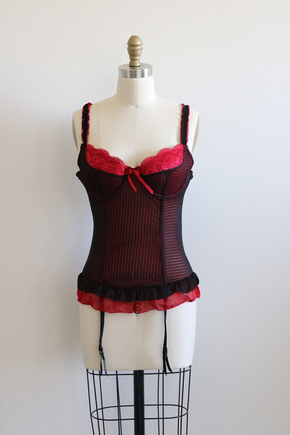 Vintage Black and Red Lace Bustier Bra Corset Siz… - image 3