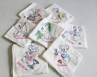 Vintage Days of the Week Embroidered Tea Towel Dish Towels Hand Towels Cotton Set of 7 Instant Collection Kitchen Large Size