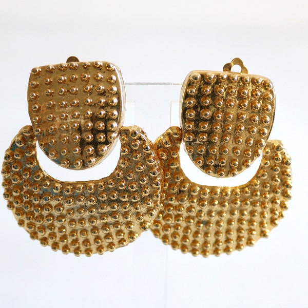 Gold Textured Clip On Earrings Door Knocker 80s Statement Dangle Drop Designer Runway Couture Costume Jewelry
