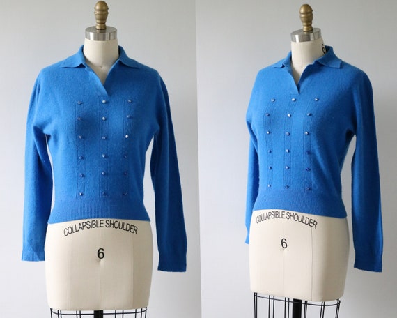 Blue Pullover Sweater Cashmere Knit Sweater 1950s