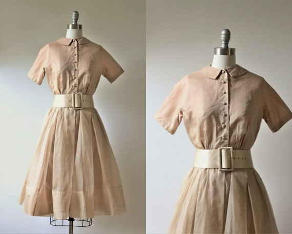 1950s Peter Pan Collar Dress Champagne Beige Cock