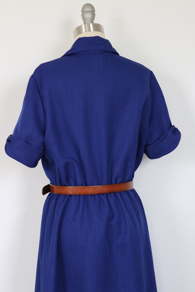 Blue Dress Button Down Midi Day Dress Short Sleeves Secretary Dress Shirtwaist Dress Elastic Waist image 6