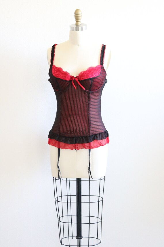 Vintage Black and Red Lace Bustier Bra Corset Siz… - image 2