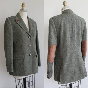 Blazer da donna vintage Ralph Lauren in lana con toppe sui gomiti in camoscio a spina di pesce, anni '90, bottoni a testa di cavallo, taglia 6.
