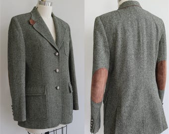 Vintage Ralph Lauren Fiskbensmönstrad Mocka Armbågslappar Ull Damkavaj 1990-tal Hästhuvudknappar Storlek 6