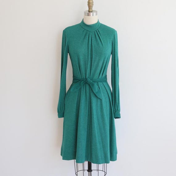 Vintage 1980s Green Knit Sweater Dress Bodycon Wool Work Secretary Dress