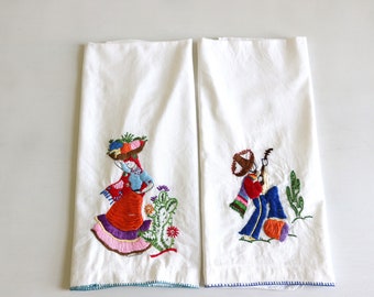 Vintage Embroidered Tea Towels Dish Towel Hand Towel Linen Cotton Set of 2 Instant Collection Kitchen Large Size