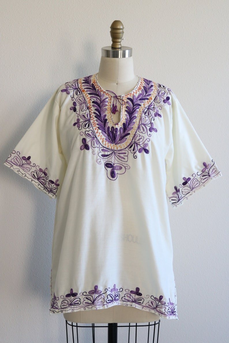 Vintage Peasant Blouse Purple Embroidered Cotton Hungarian Short Sleeve image 2