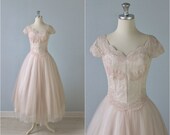 Vintage 1950s Wedding Dress / 50s Tea Length Dress / Blush Pink Dress / 50s Wedding Dress / Kiss Me