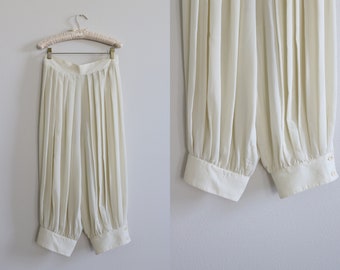 1980s Silky Pleated Harem Pants Slouchy Baggy Pants Off White Ankle Pants Tapered