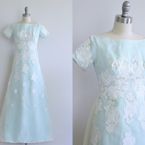 Priscilla of Boston Wedding Dress Bridesmaid Bridal Dress Blue Lace 1960s Formal Dress A-Line Empire Waist