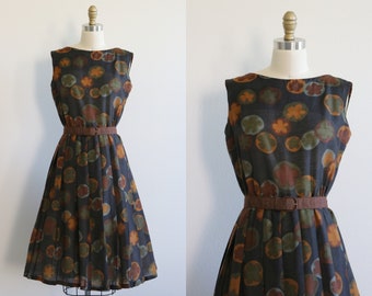 1950s Dress Cotton Sleeveless Sundress Brown Abstract Print Dress