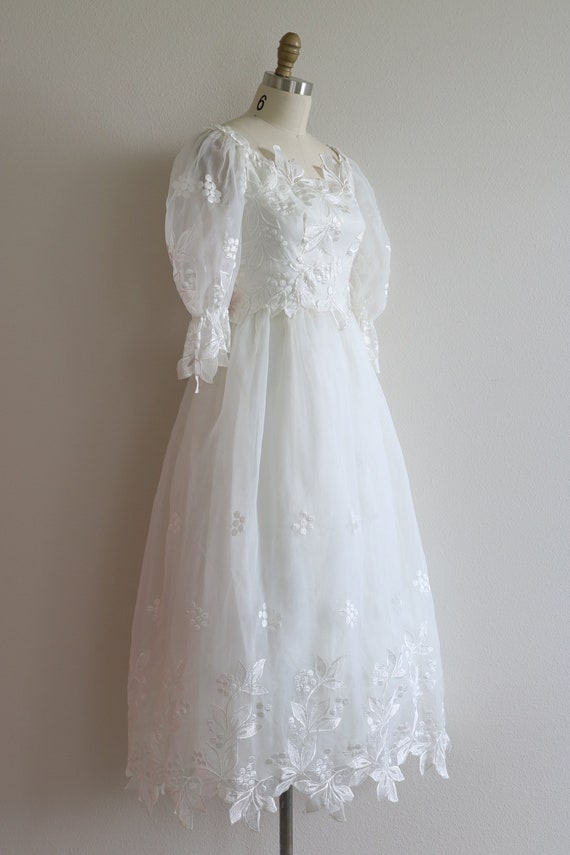 1980s Wedding Dress Tea Ballerina Length Puffy Sl… - image 3