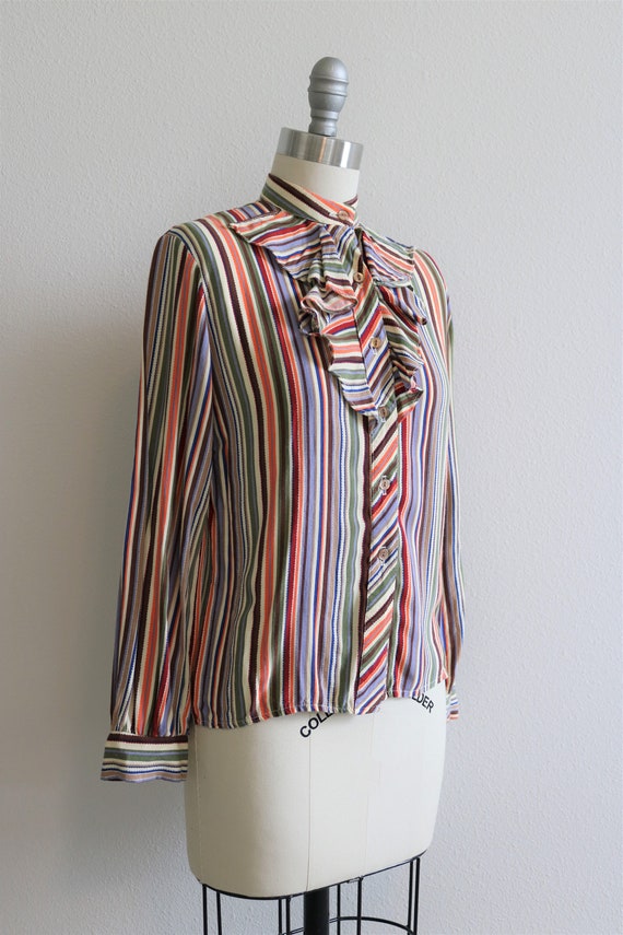 70s 80s Striped Girly Ruffled Jabot Collar Blouse Shi… Gem