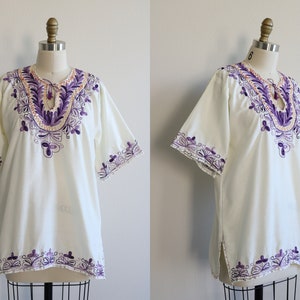 Vintage Peasant Blouse Purple Embroidered Cotton Hungarian Short Sleeve image 1