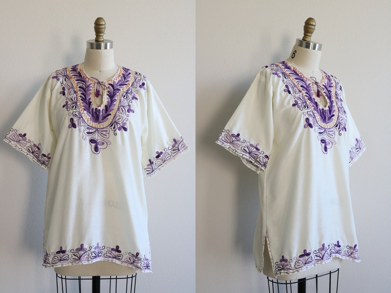 Vintage Peasant Blouse Purple Embroidered Cotton Hungarian Short Sleeve image 1