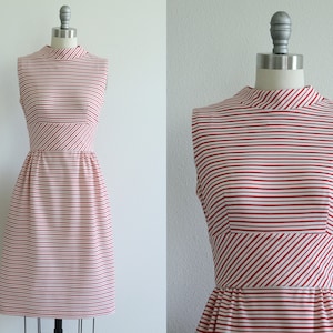 1960s Mod Dress Sheath Shift Scooter Dress White with Red Stripes Nautical Sleeveless Size Small S