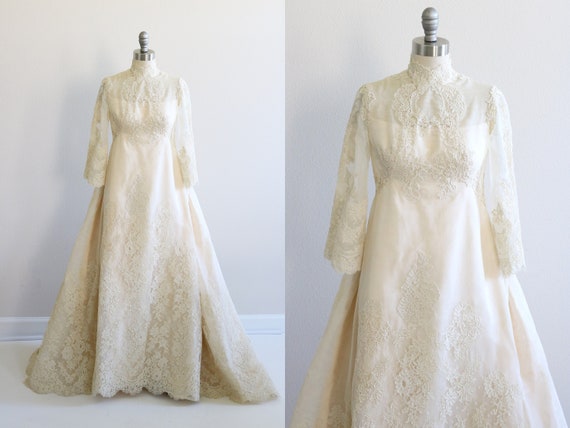 Vintage 1960s Lace Wedding Dress Long Sleeves A L… - image 1