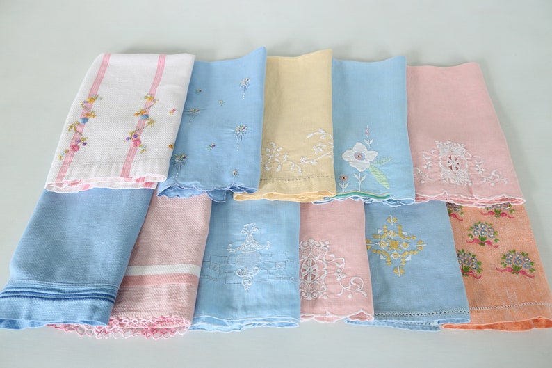 Vintage Embroidered Tea Towels Dish Towel Hand Towel Linen Cotton Set of 11 Instant Collection Kitchen image 1