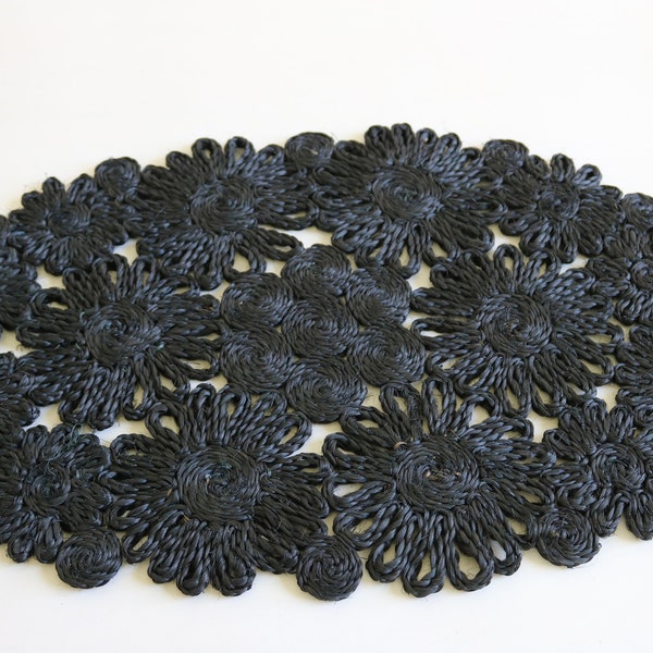 Black Woven Abaca Fiber Philippines Mod Boho Flower Floral Oval Placemats - Set of 4