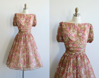 1950s Dress Pink Flower Floral Print Cup Cake Dress Full Skirt Formal Event Wedding Short Sleeve