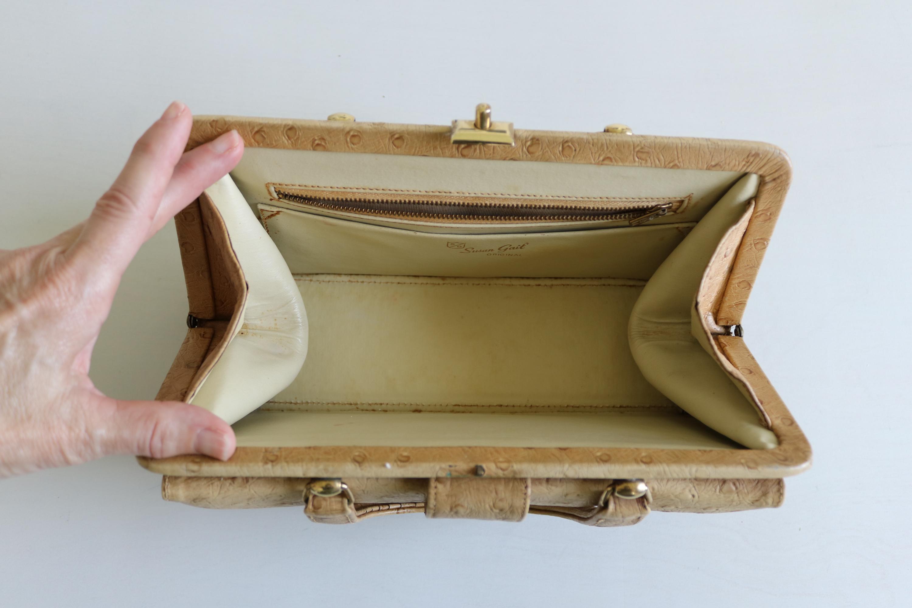 Frame Handbag Tan Top Handle Ostrich Texture Susan Gail Oblong