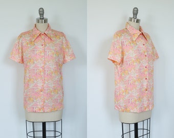 Vintage Alex Colman Psychedelic Pink Colorful Button Up Blouse Short Sleeves Size Small S