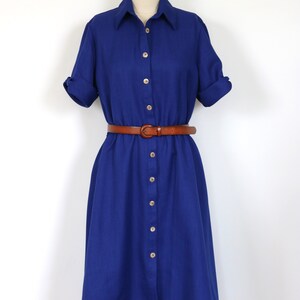 Blue Dress Button Down Midi Day Dress Short Sleeves Secretary Dress Shirtwaist Dress Elastic Waist image 2