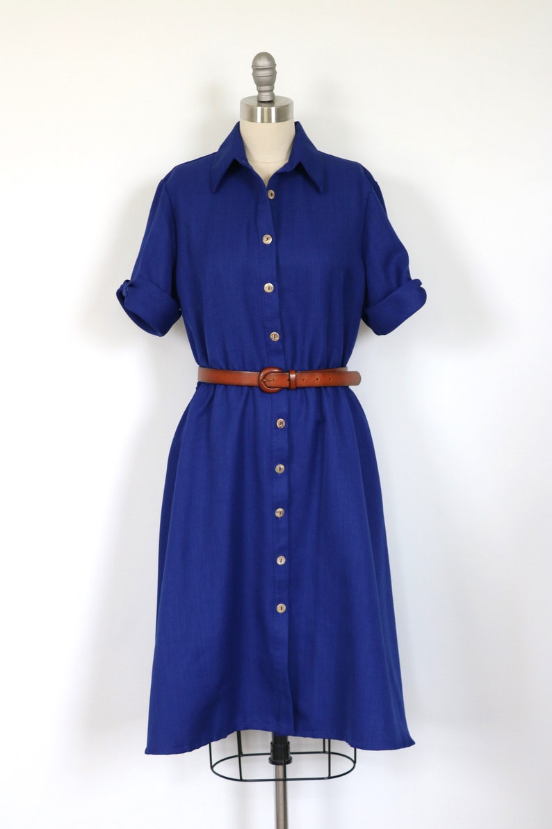Blue Dress Button Down Midi Day Dress Short Sleeves Secretary Dress Shirtwaist Dress Elastic Waist image 2