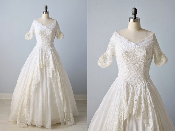 Vintage Wedding Dress 1950s Cotton Organdy Embroid