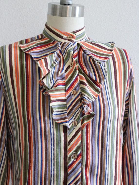 70s 80s Striped Girly Ruffled Jabot Collar Blouse Shi… Gem
