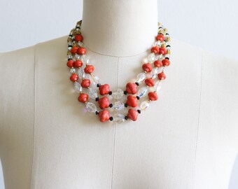 Vintage Orange and Crystal Beaded Multi Strand Necklace Vintage 1950s Necklace