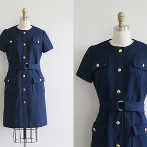 Navy Blue Dress Gold Buttons Nautical Sheath Shift Shirtdress Short Sleeves  Belted Polyester Vintage 1970s Size Medium M - Etsy
