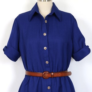 Blue Dress Button Down Midi Day Dress Short Sleeves Secretary Dress Shirtwaist Dress Elastic Waist image 3