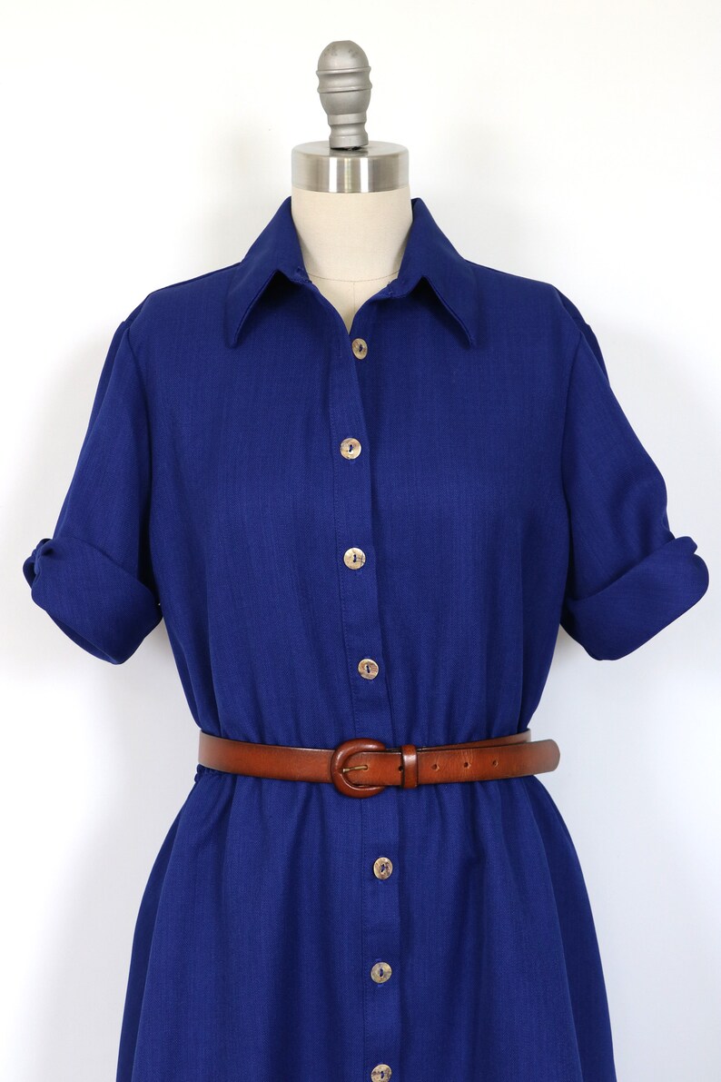 Blue Dress Button Down Midi Day Dress Short Sleeves Secretary Dress Shirtwaist Dress Elastic Waist image 3