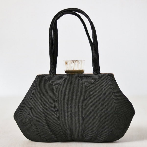 Vintage 1940s Black Corde Evening Formal Handbag Purse / Lucite Closure / Black Corde Bag / Corde Clutch  / Noir