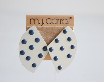 1980's Earrings Retro Fashion Earrings Stud Posts Statement Earrings White with Navy Polka Dots