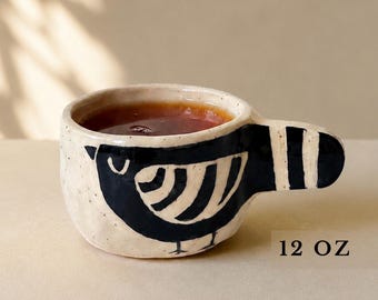 Handmade Ceramic Bird Mug, Hand-Painted Coffee Cup, Stoneware Mug