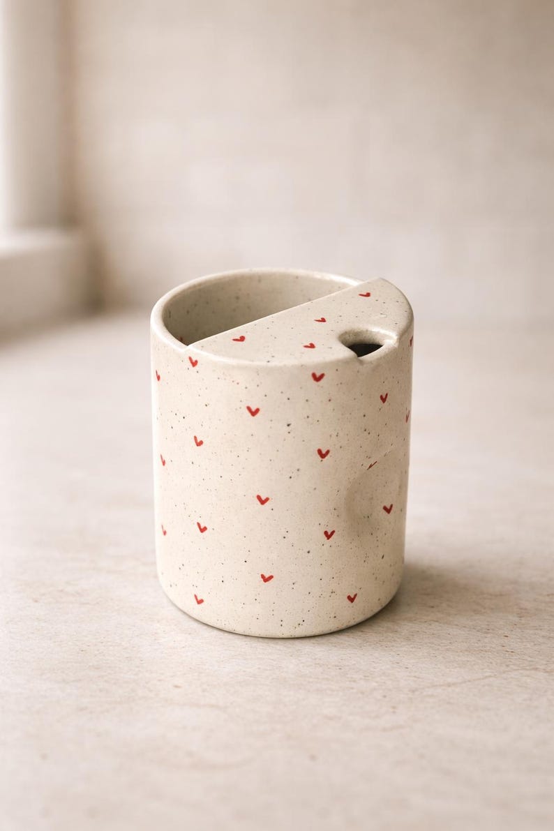 Peut inclure: Un r&eacute;cipient en c&eacute;ramique mouchet&eacute;e, de forme cylindrique, avec une section d&eacute;coup&eacute;e sur le dessus. Il est orn&eacute; de petits motifs en forme de c&oelig;ur rouge. Cet article est probablement un porte-brosse &agrave; dents ou un accessoire de salle de bain similaire.