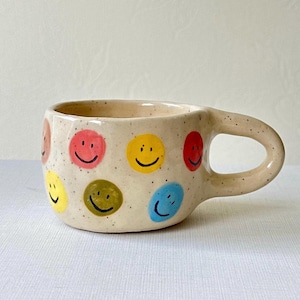 Handmade Ceramic Smiley Face Mug, Hand-Painted Stoneware Coffee Cup, Fun Pottery Gift